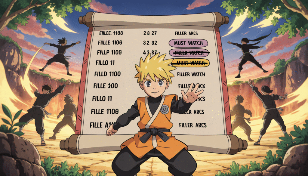 Naruto Shippuden filler list guide showing ninja character and episode scroll highlighting which filler episodes are worth watching.