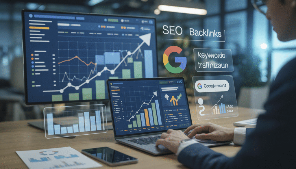 Digital marketing workspace showing SEO by HighSoftware99.com strategies with analytics dashboards, rising traffic graphs, keyword rankings, and a marketer analyzing website growth data on a laptop in a modern office.