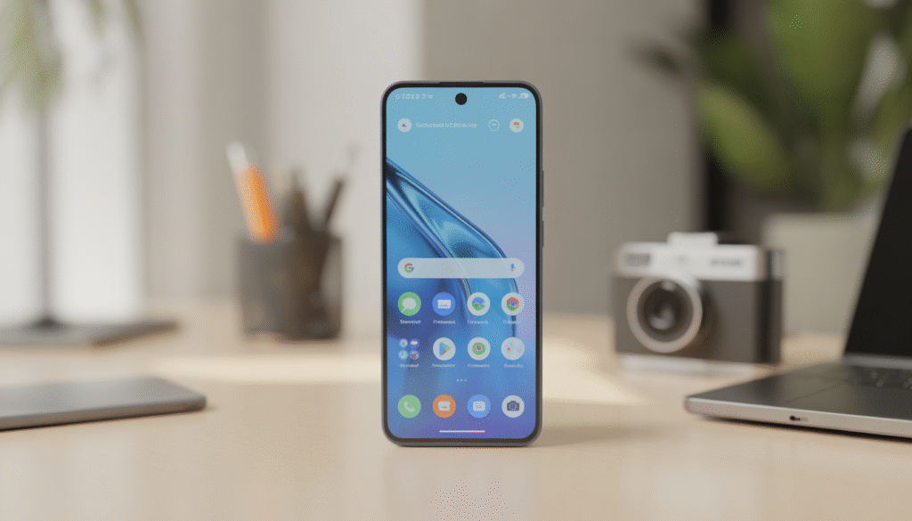 A03 smartphone showing home screen with apps, features, and clean modern design on a desk setup